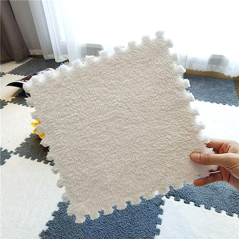 Typutomi 12pcs Plush Puzzle Foam Floor Mat, Cute Soft Fluffy Interlocking Square Foam Tiles Area Rugs Carpet for Parlor Bedroom Decor(11.8x11.8x0.4in, Grey&White&Black) - Image 4